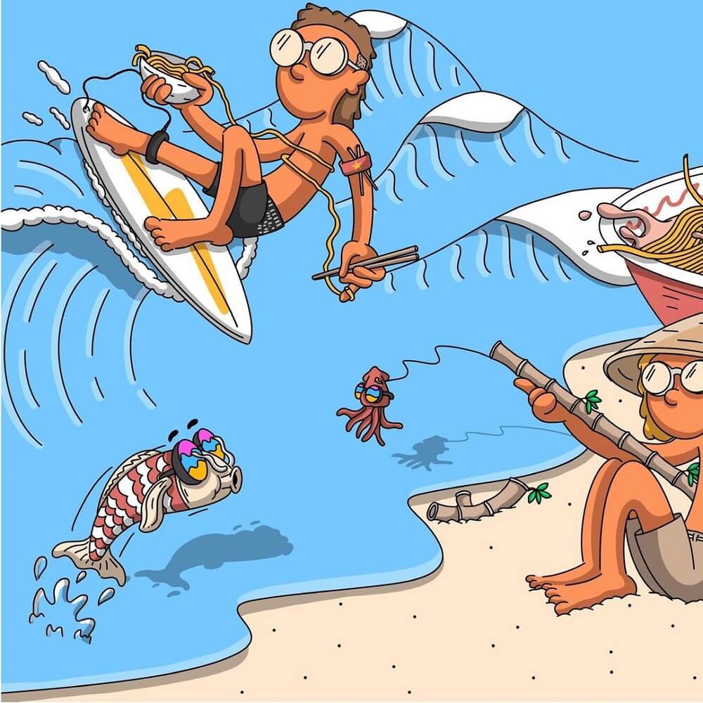 Cartoon Benny surfing with a bowl of noodles and fish with sunglasses.