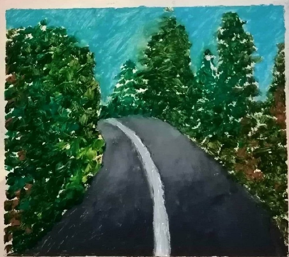 Painting of a road with green trees on each side.