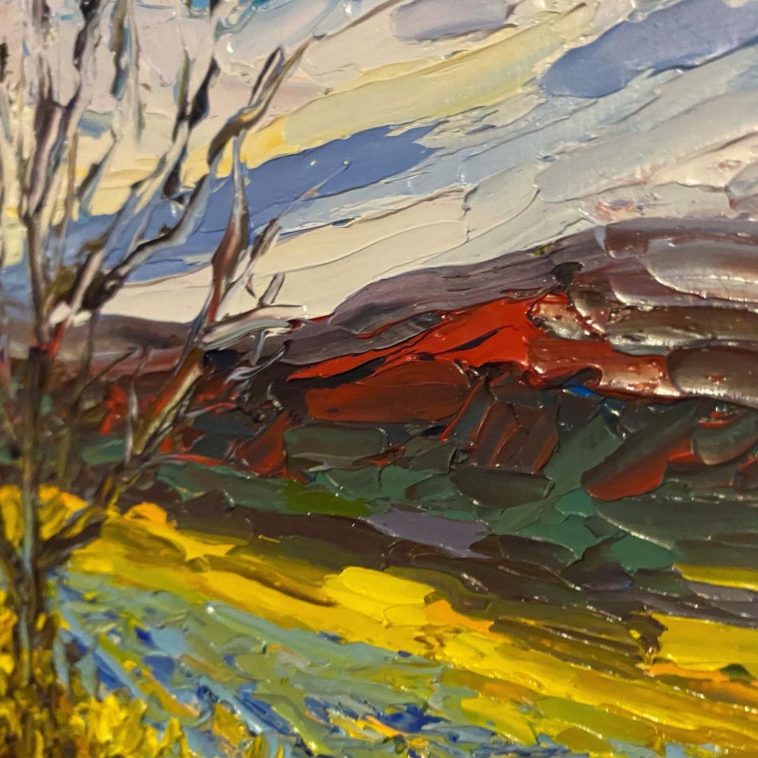 7. A textured landscape painting made with a palette knife and oil paints.