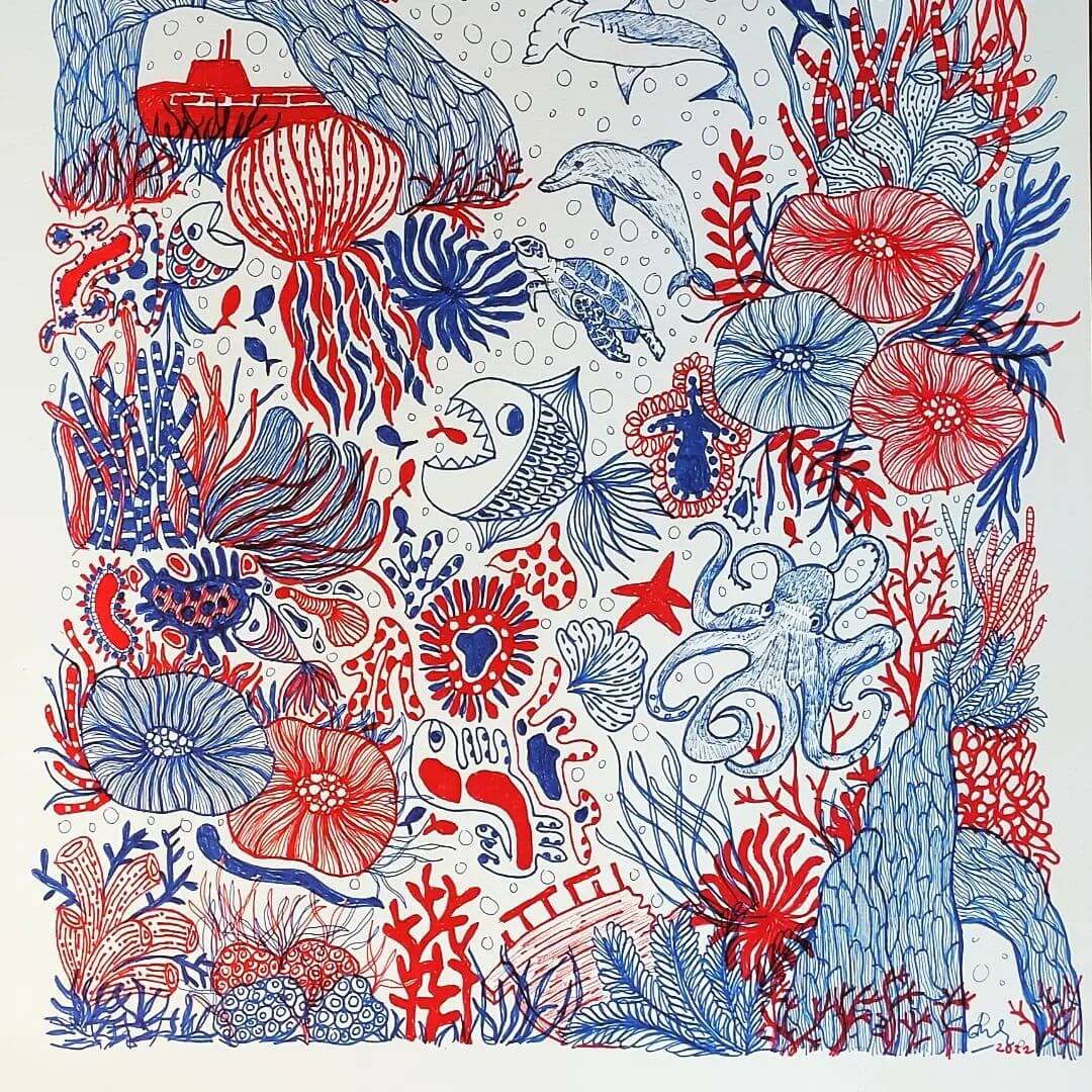 Coloured drawing with blue and red pen of underwater creatures like fish, dolphins and turtles with ships and underwater flora
