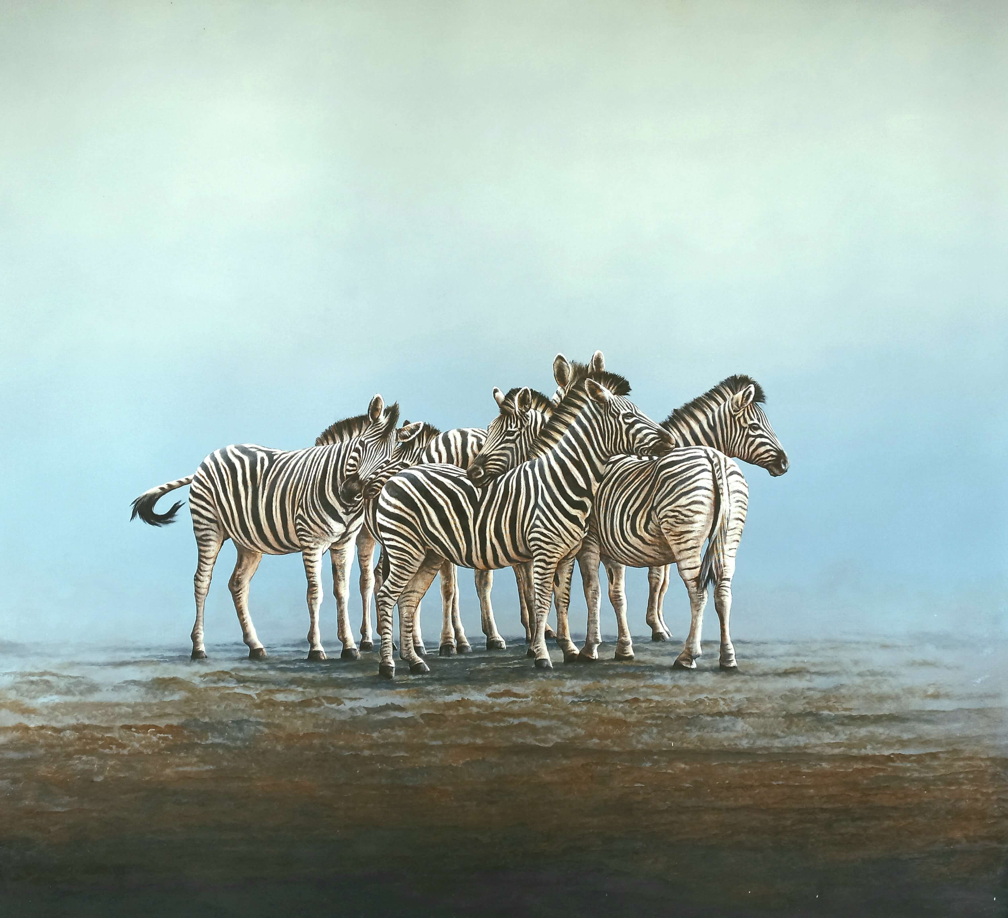 Group of zebras in a field that have now been painted with details.