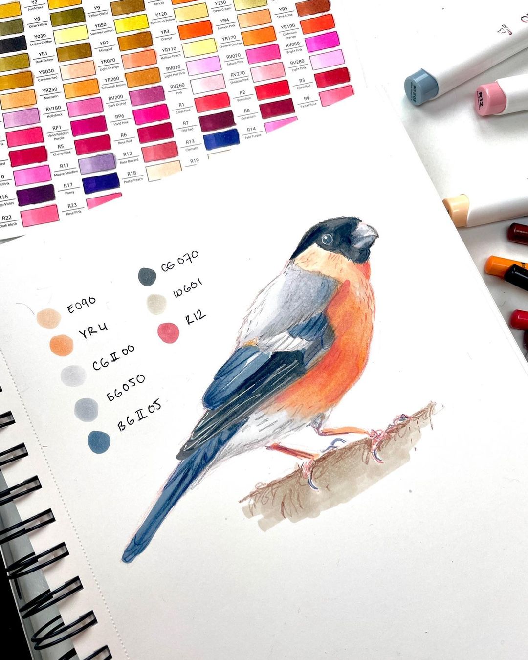 7. Marker artwork of a small bird with the colours swatched and coded