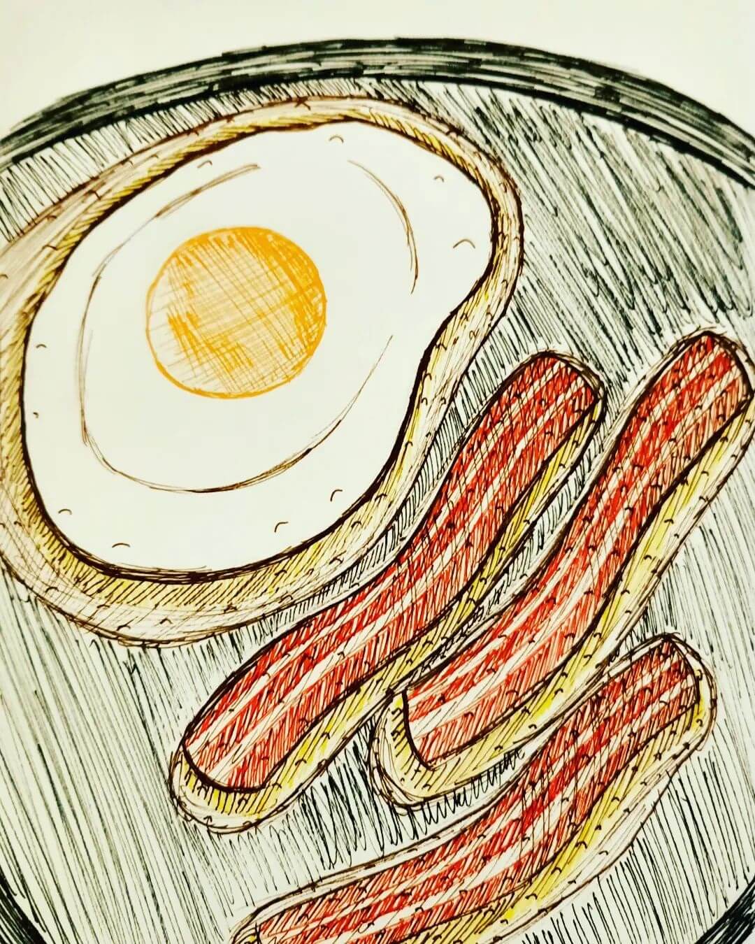 Pen drawing of bacon and eggs with cross hatching and details.