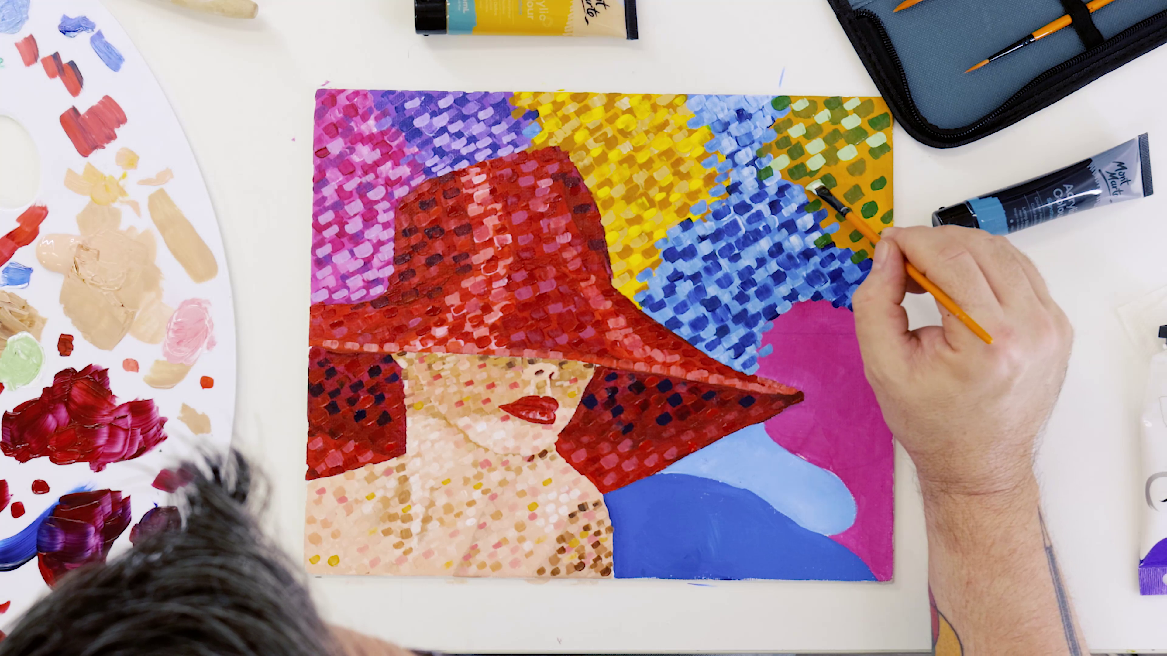 7. Pointillism painting of a woman in a red hat with red lipstick