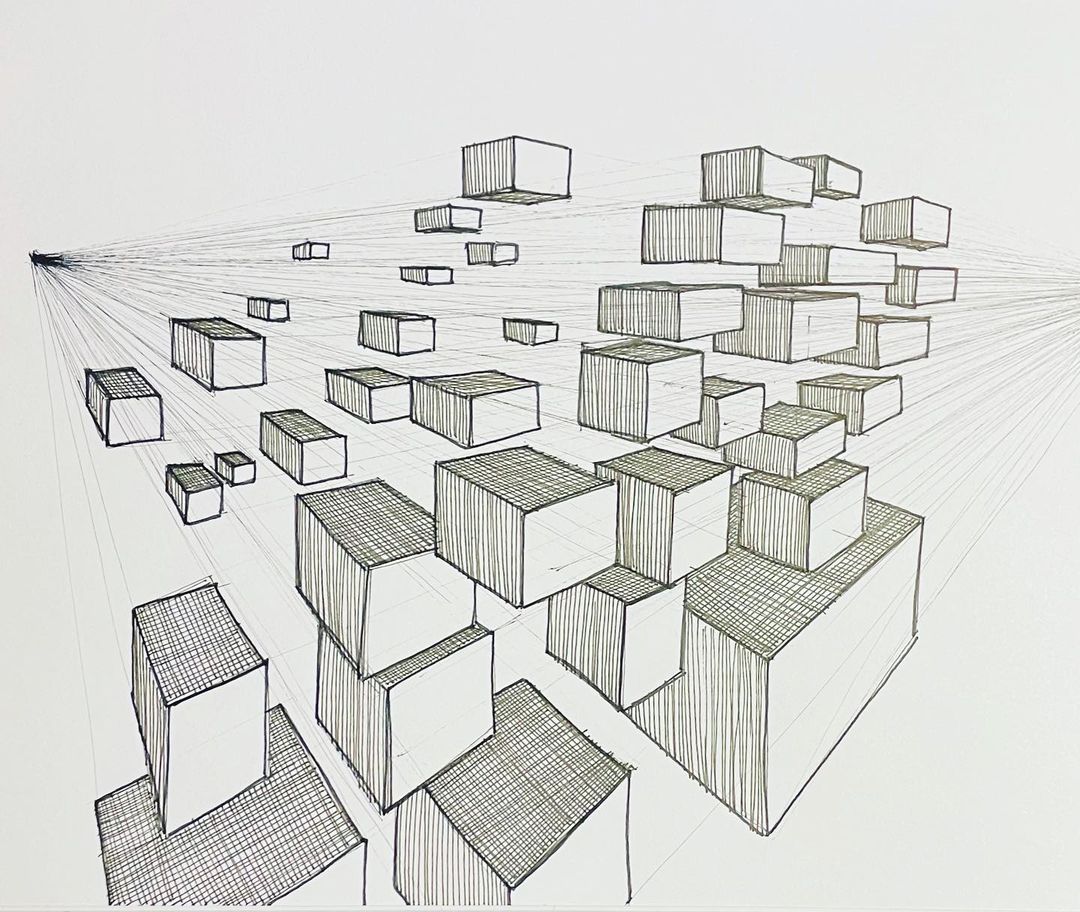 7. @d.issa.c sketch of rectangular prisms with many guiding lines of perspective