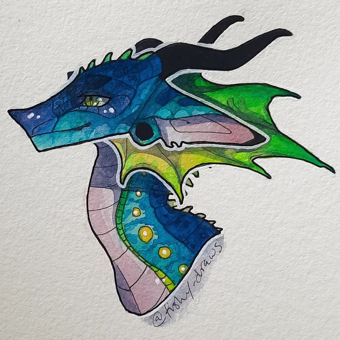 7. @fishy_draws artwork of a blue and green dragon with a white outline and black horns