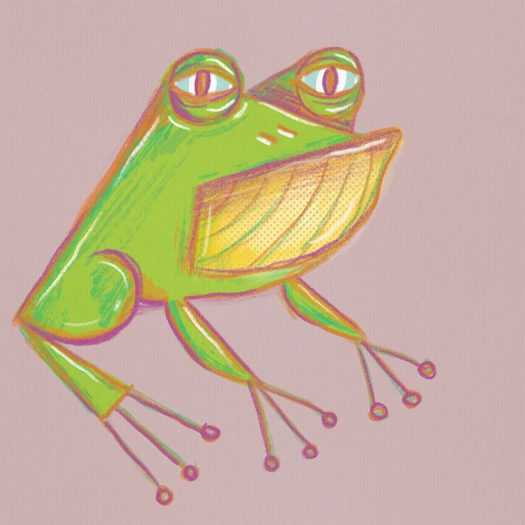 7. @plyunn artwork of a green frog with its eyes squinted and a purple outline