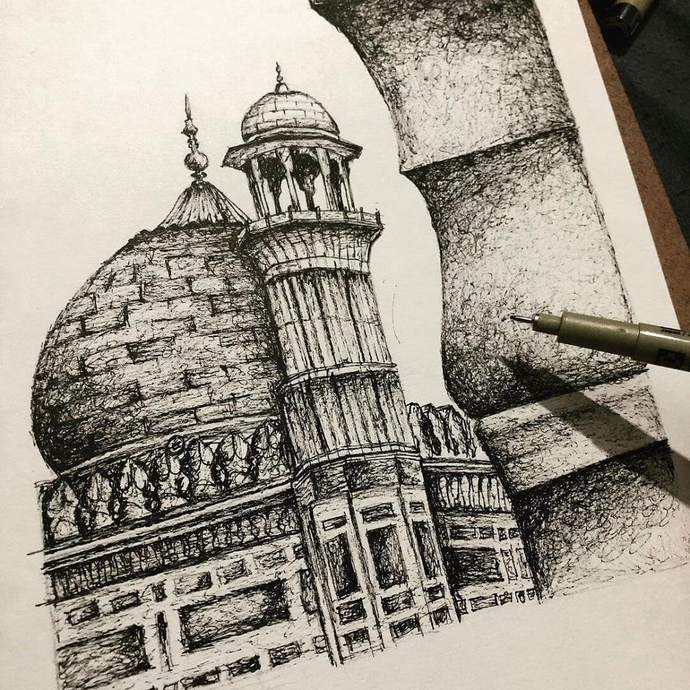 Monochrome realistic sketch of a mosque using pen and ink.