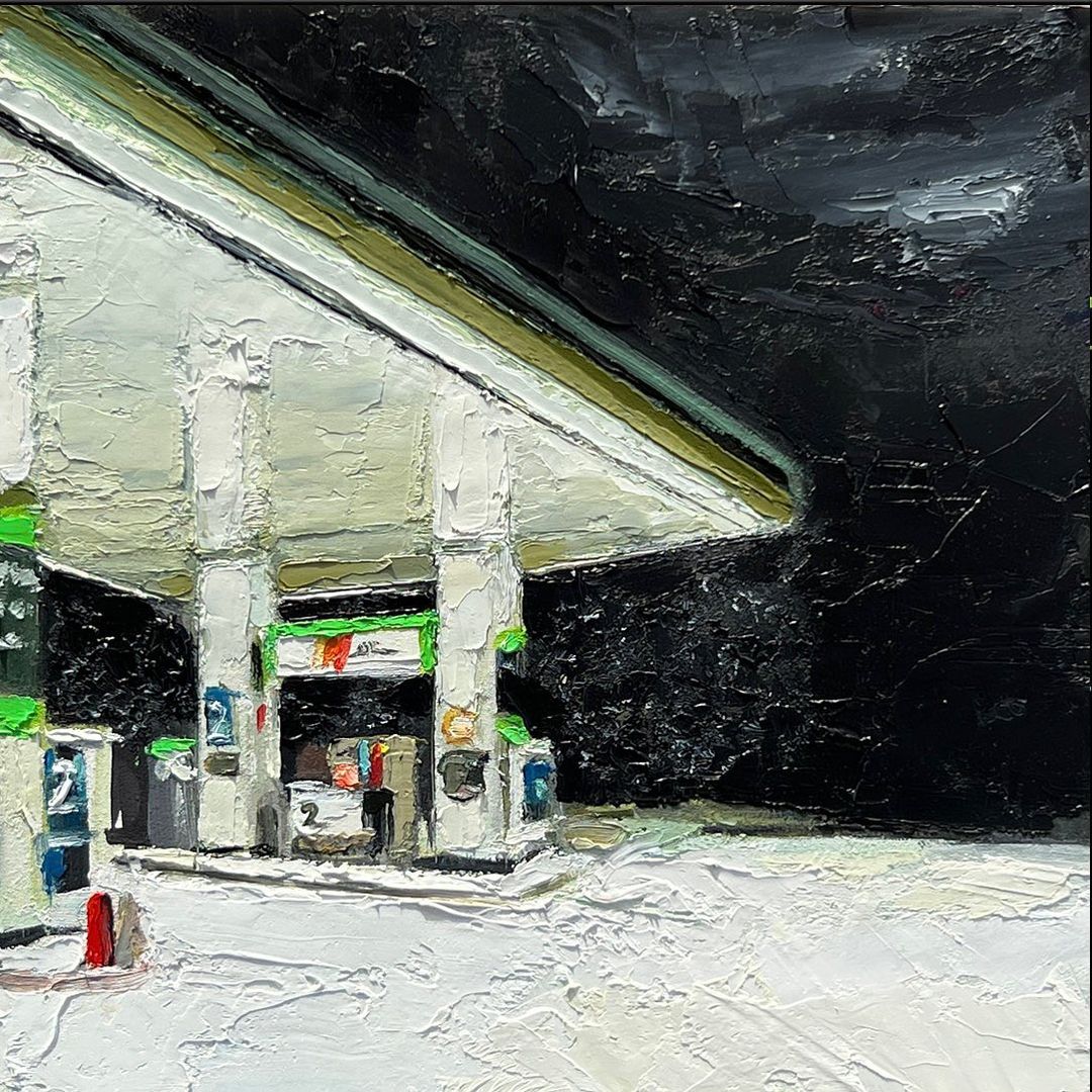 8. A fuel station at night time painted in oil paints on a wooden board.