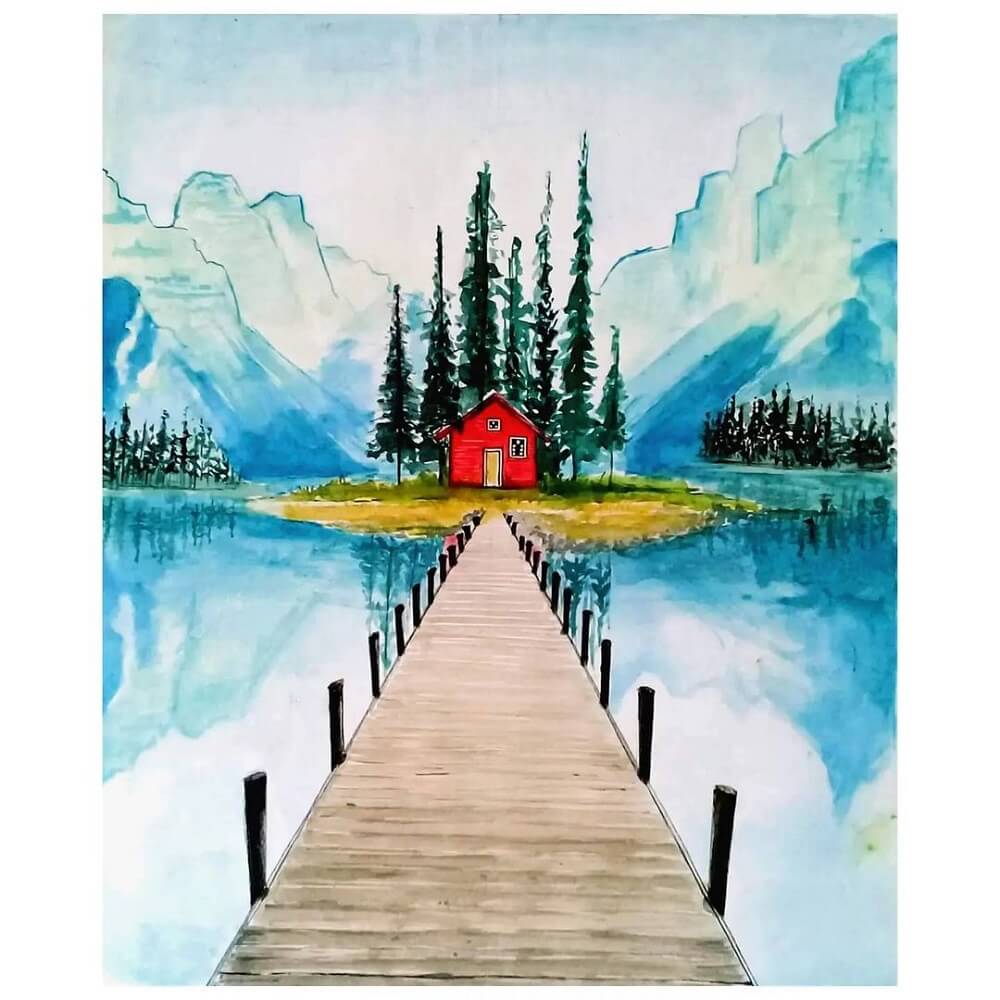 A watercolour house on a lake with forest.