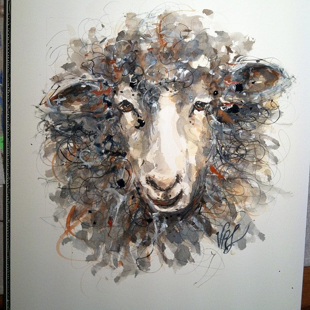 A watercolour painting of a sheep created in a Jackson Pollock drip painting style.