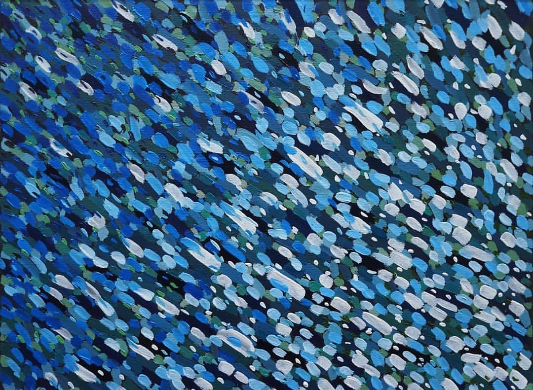 8. Abstract painting with many short strokes of blue, green, and white