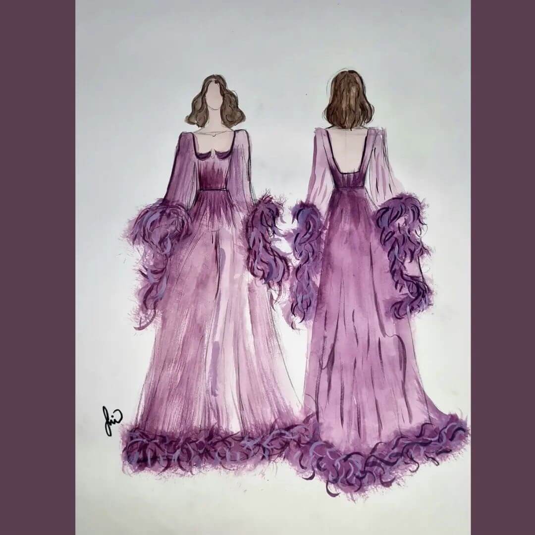 8. Fashion illustration of a woman wearing a detailed purple dress with feather detail