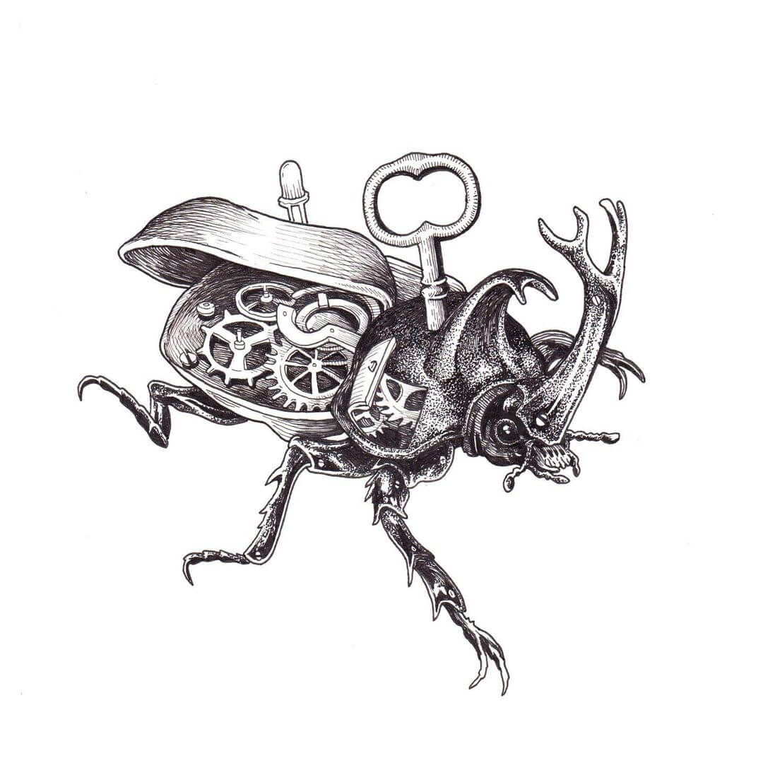 8. Not for emails- Realistic drawing of a rhino beetle with mechanical cogs inside the body