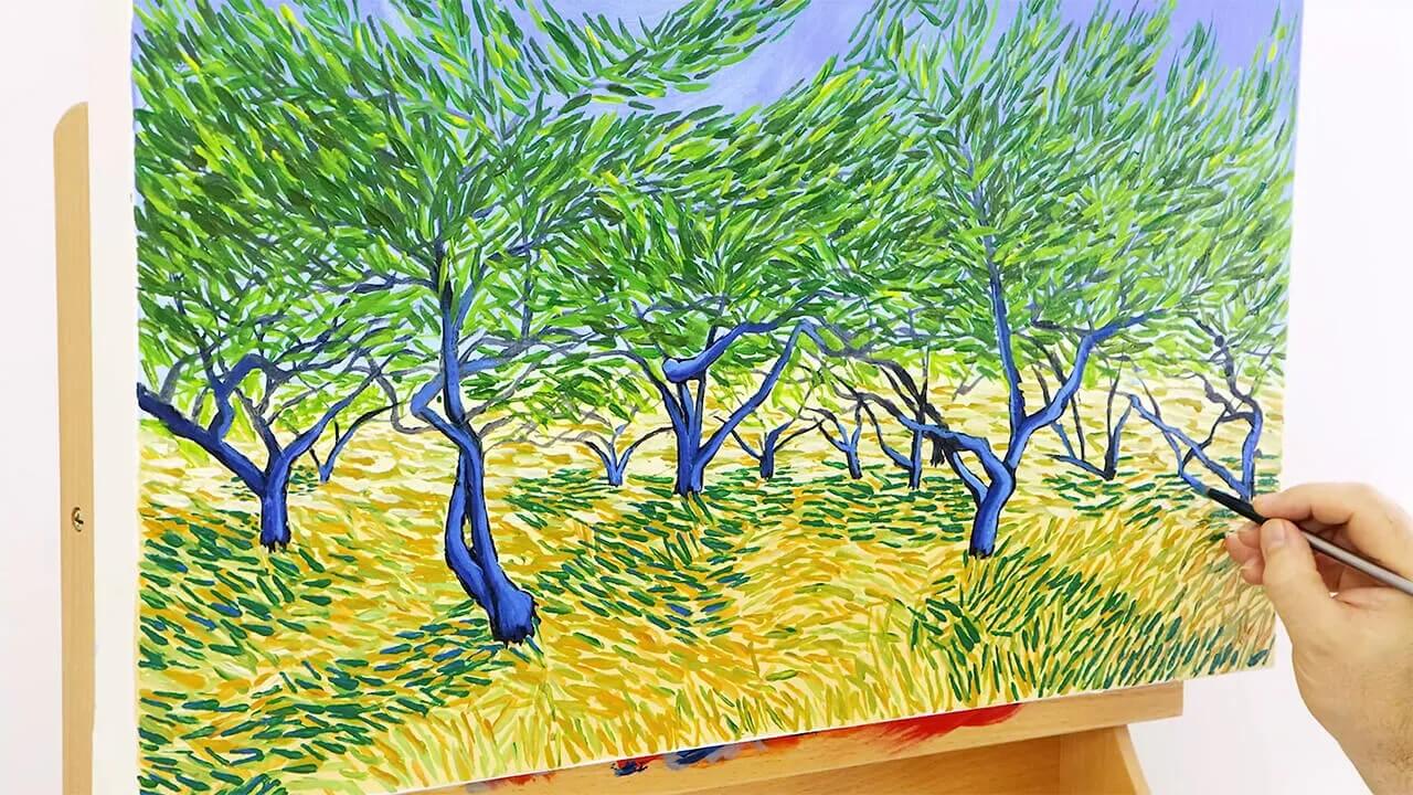 Hand using a filbert brush to paint in a Van Gogh style of an outback landscape.