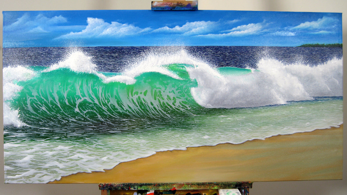 8. Realistic breaking wave painting on landscape canvas