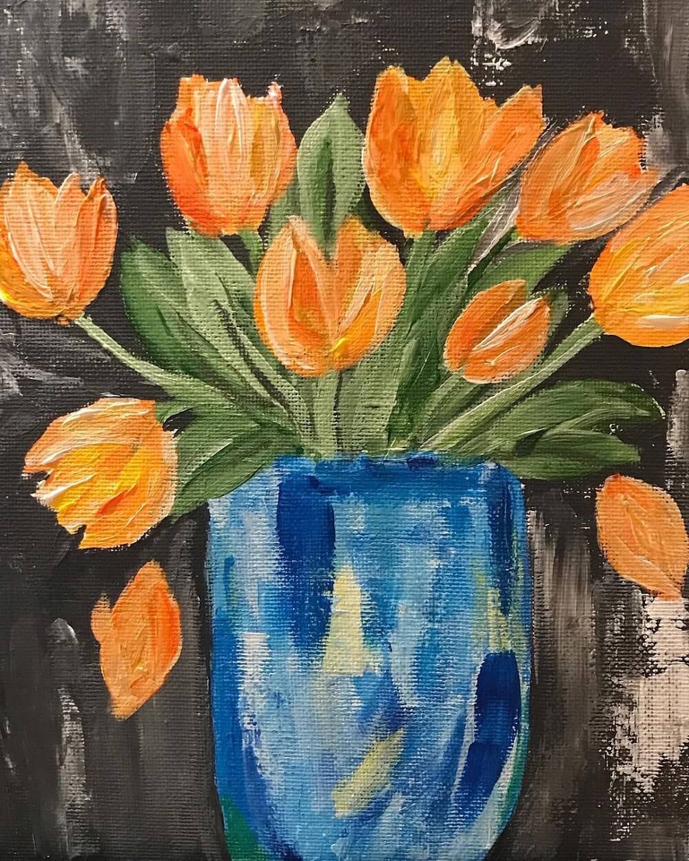 Spring still life with orange tulips and a blue vase painted in acrylic on canvas.