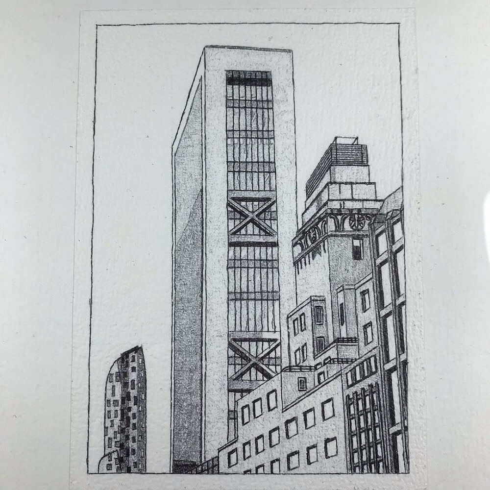 The side of a New York cityscape drawn in pen.