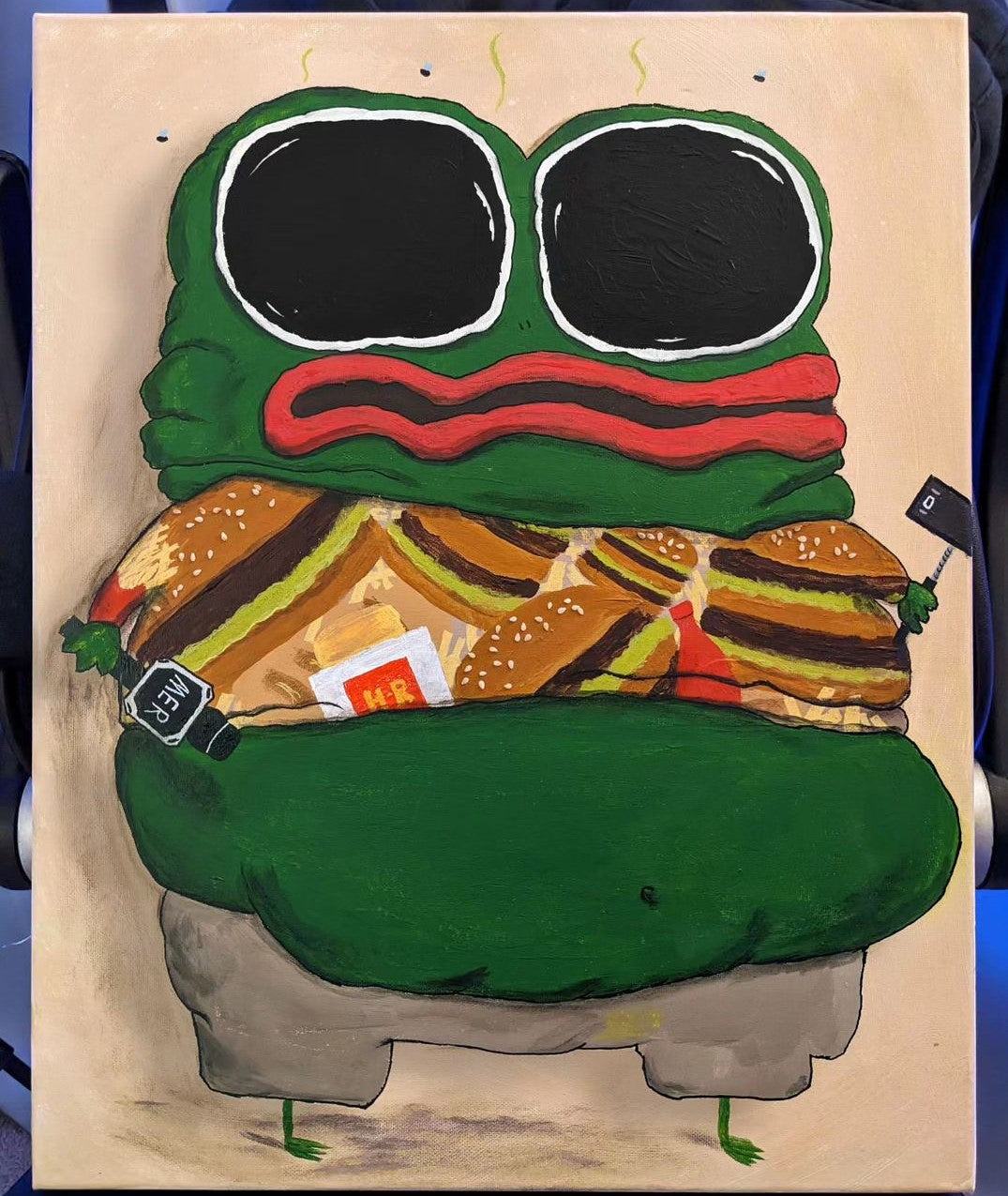 8. @camielul artwork of a green frog with big eyes and a red mouth wearing a shirt with burgers on it - titled 'BURGER'