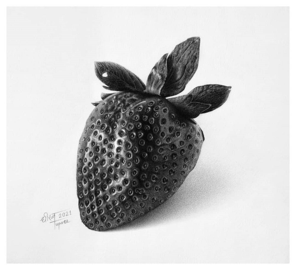 Photo realistic strawberry drawing on paper with a 8B pencil.