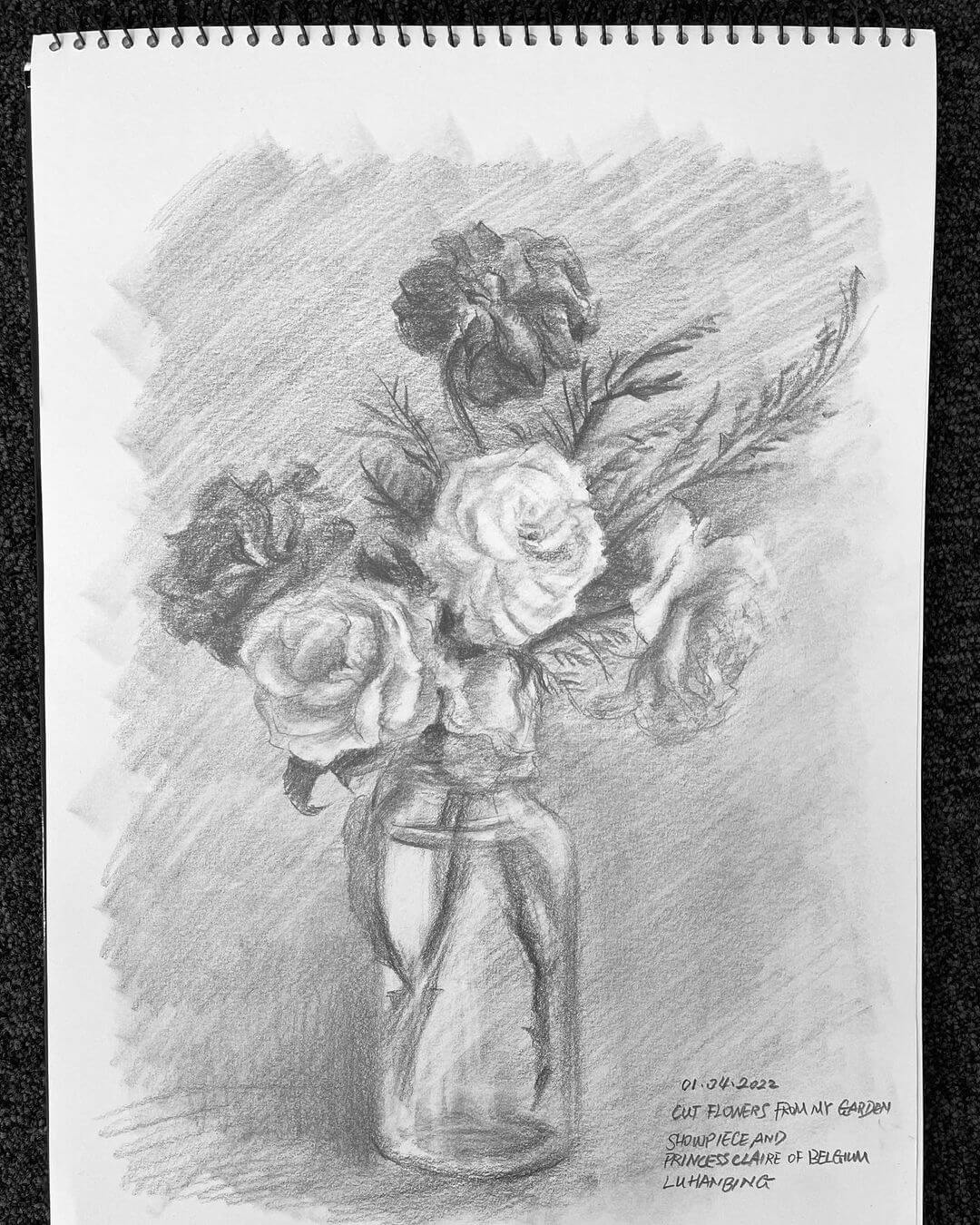 9. A drawing of roses in a vase, with a shaded background.