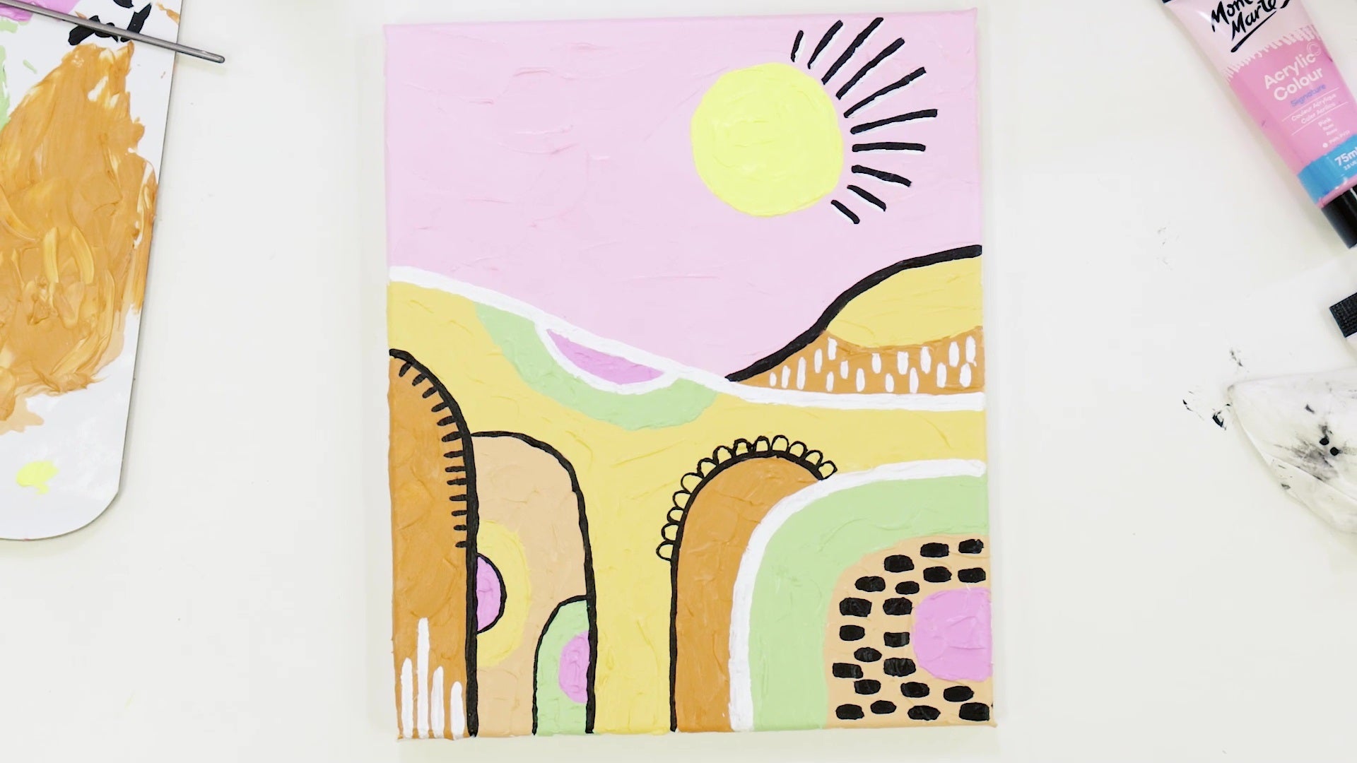 Abstract landscape with pink, mustard, mint, yellow and beige paints.