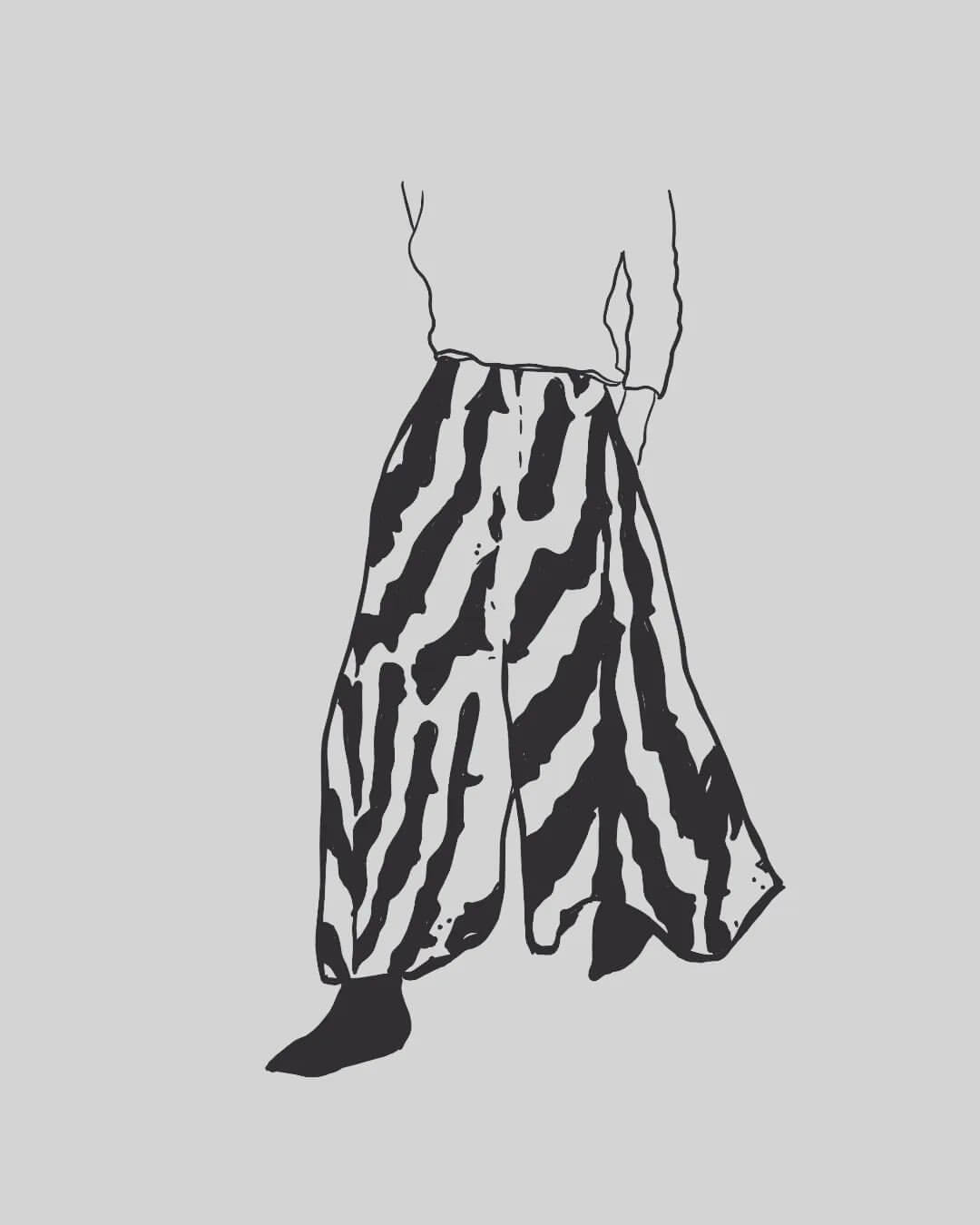 9. Black and white marker drawing of a person wearing zebra print pants and black ankle boots.
