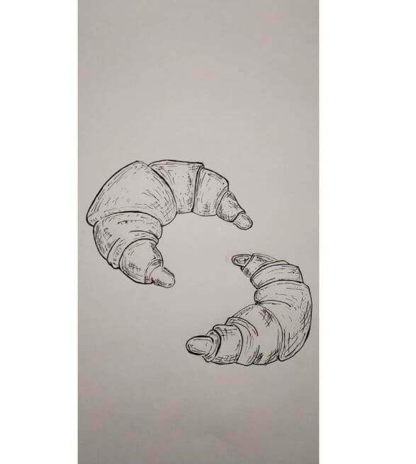 Realistic drawing of a croissant drawn in pencil.