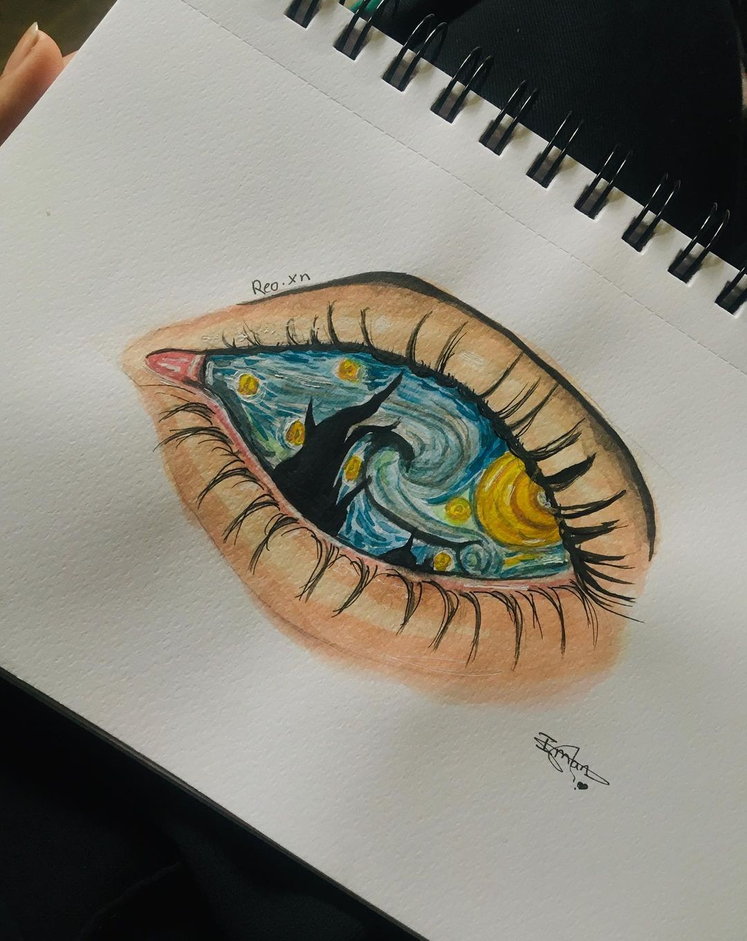 9. @reo.xn sketch of an eye with Van Gogh's Starry Night in place of the iris and pupil