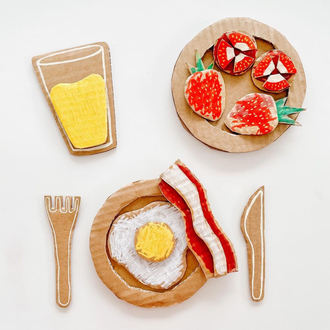 Cardboard cut and painted in the shape of breakfast items