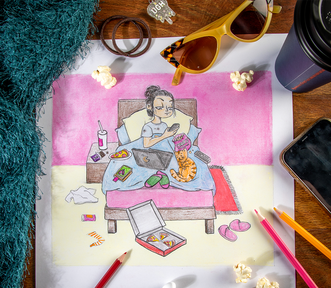 Cartoon drawing of a girl in a messy bedroom, sitting in bed on her phone. Drawing is on a wooden table with sunglasses, coffee mug, popcorn, headphones, a green cardigan.