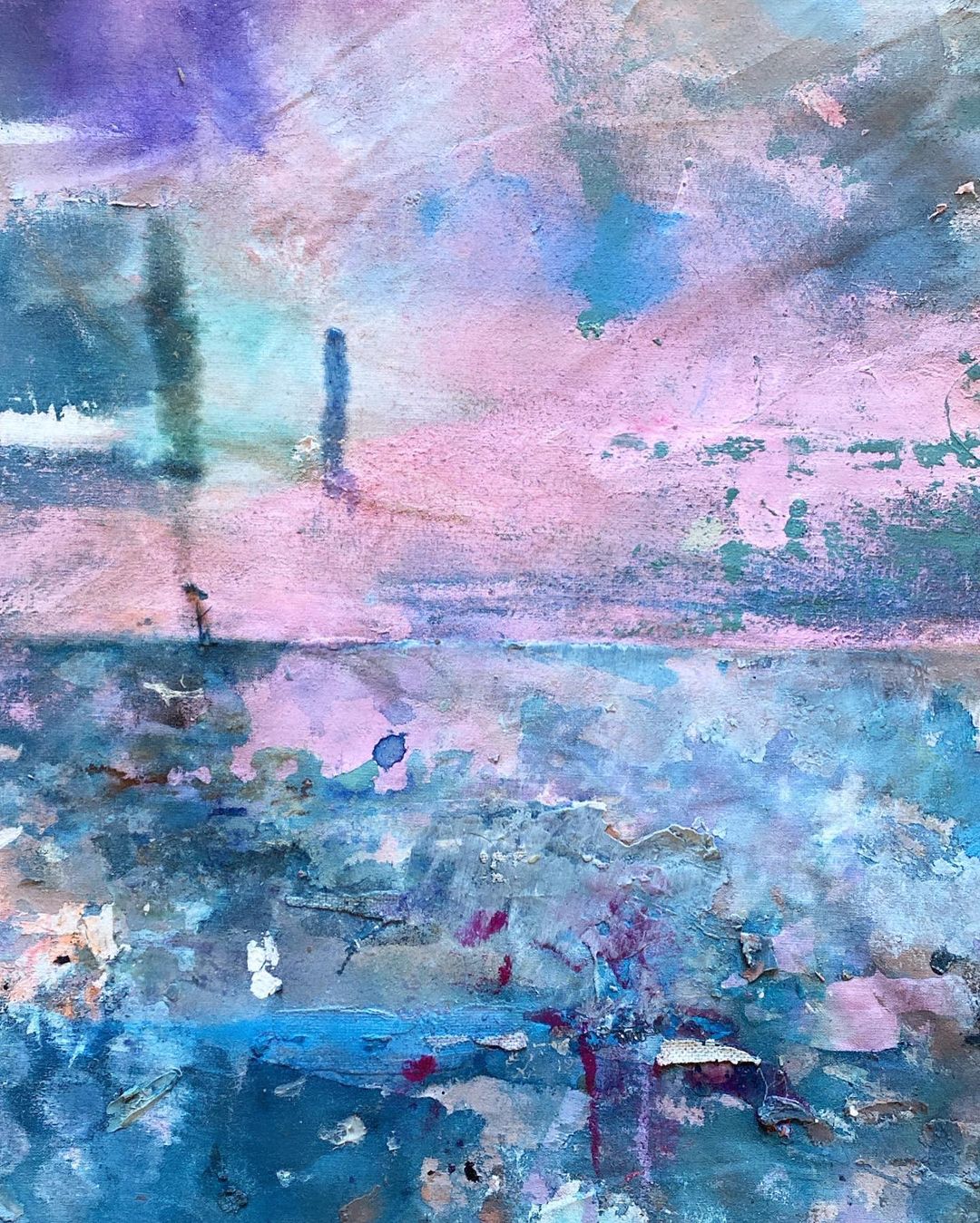 Close-up of an abstract artwork painted in shades of pink and blue