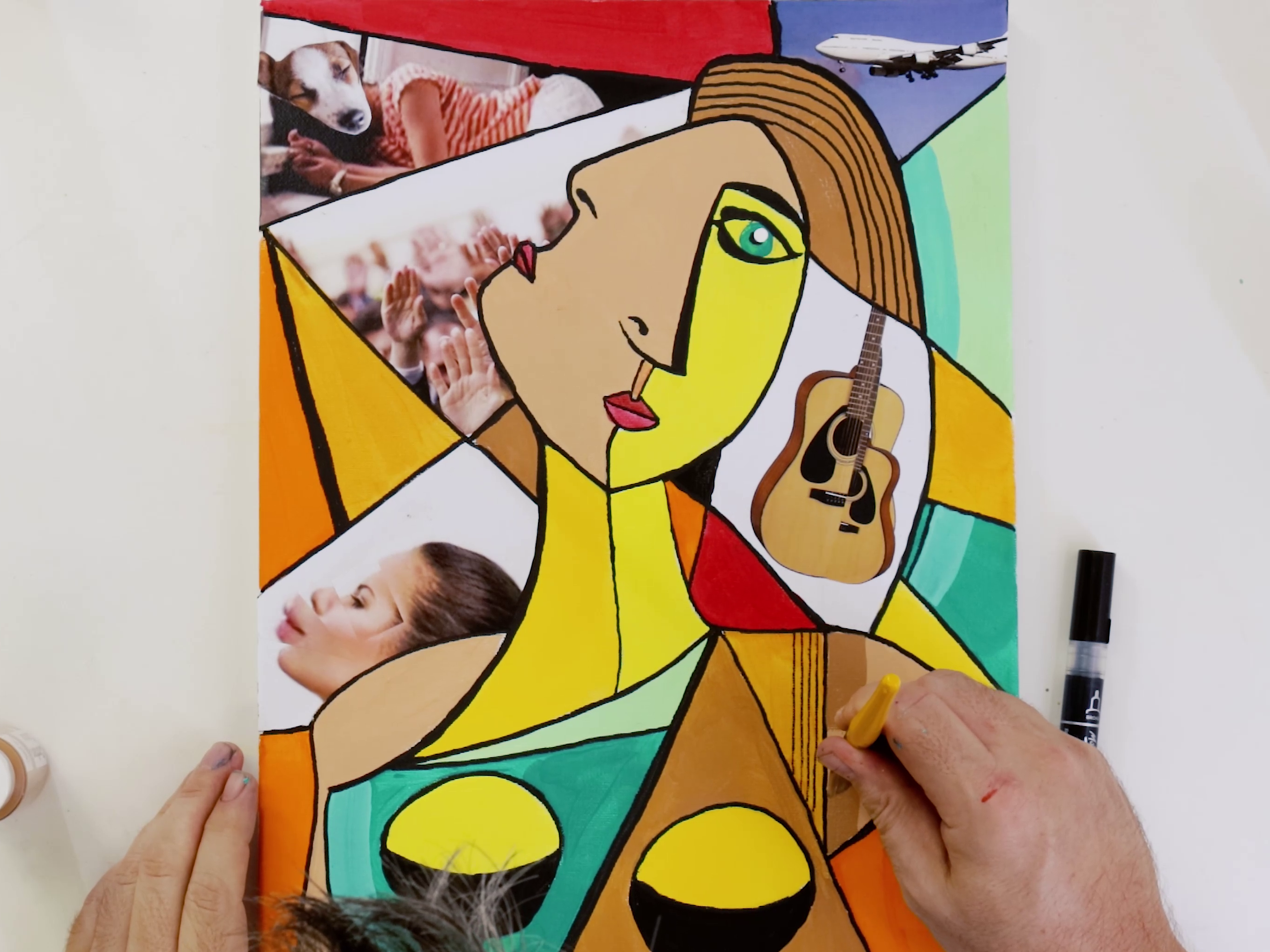 Cubism collage portrait with many images and bright colours