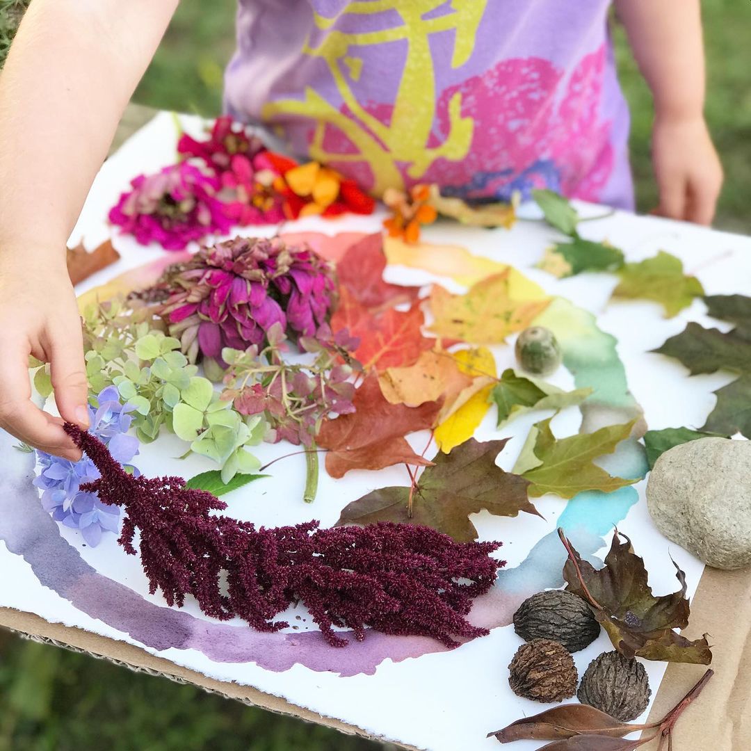 Young girl holding a coloured leaf to create a colour wheel with various bright coloured leaves and flowers.