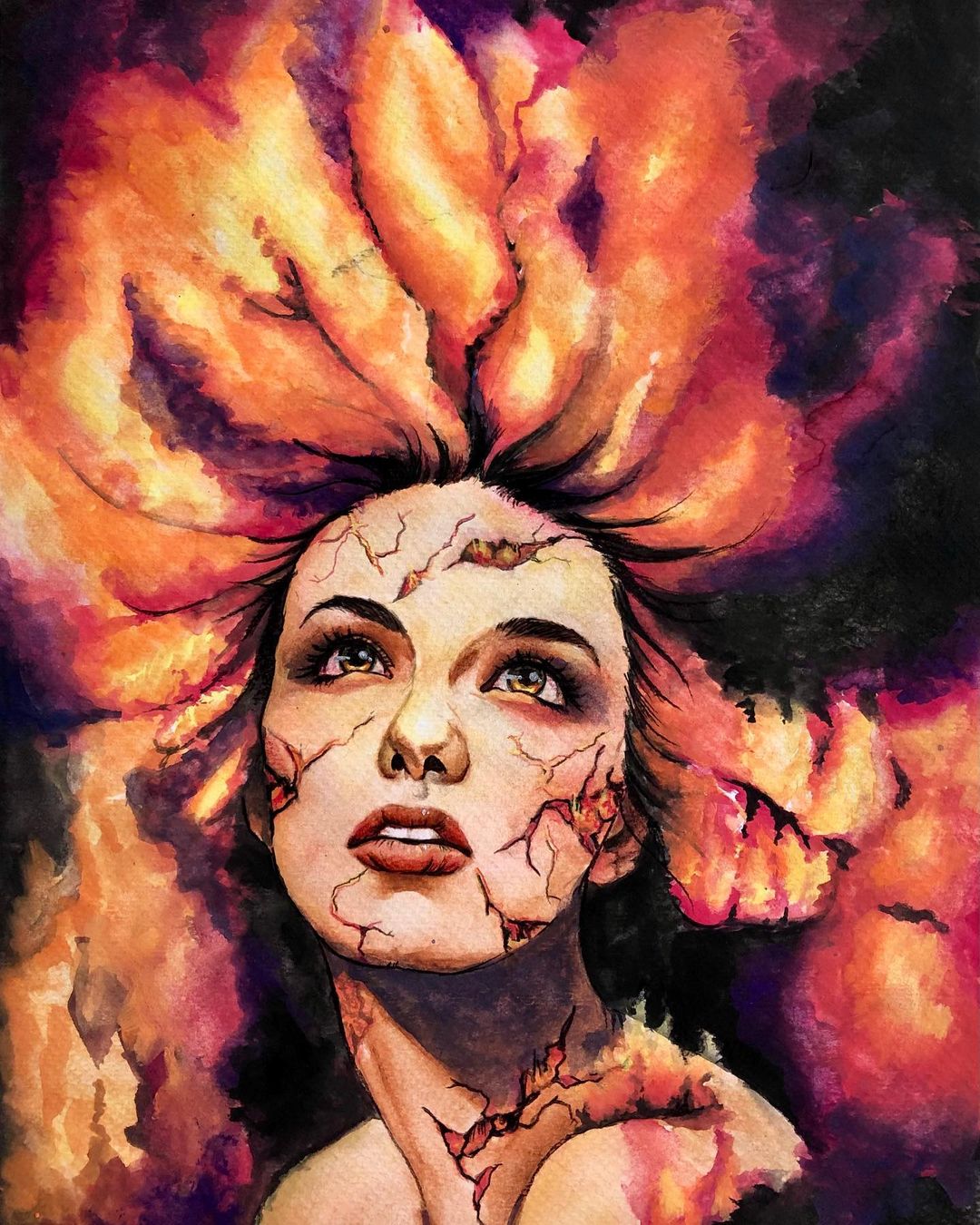 Portrait of a person with long, flaming locks and porcelain-like cracks in their skin