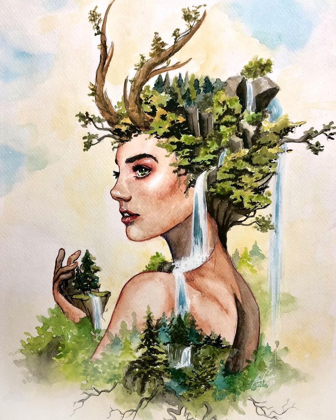 Portrait of a person with rocky mountains and waterfalls for hair, and tree antlers