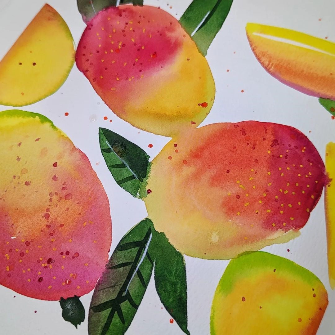 @awesomepeppers colourful mango pattern with leaves on white paper