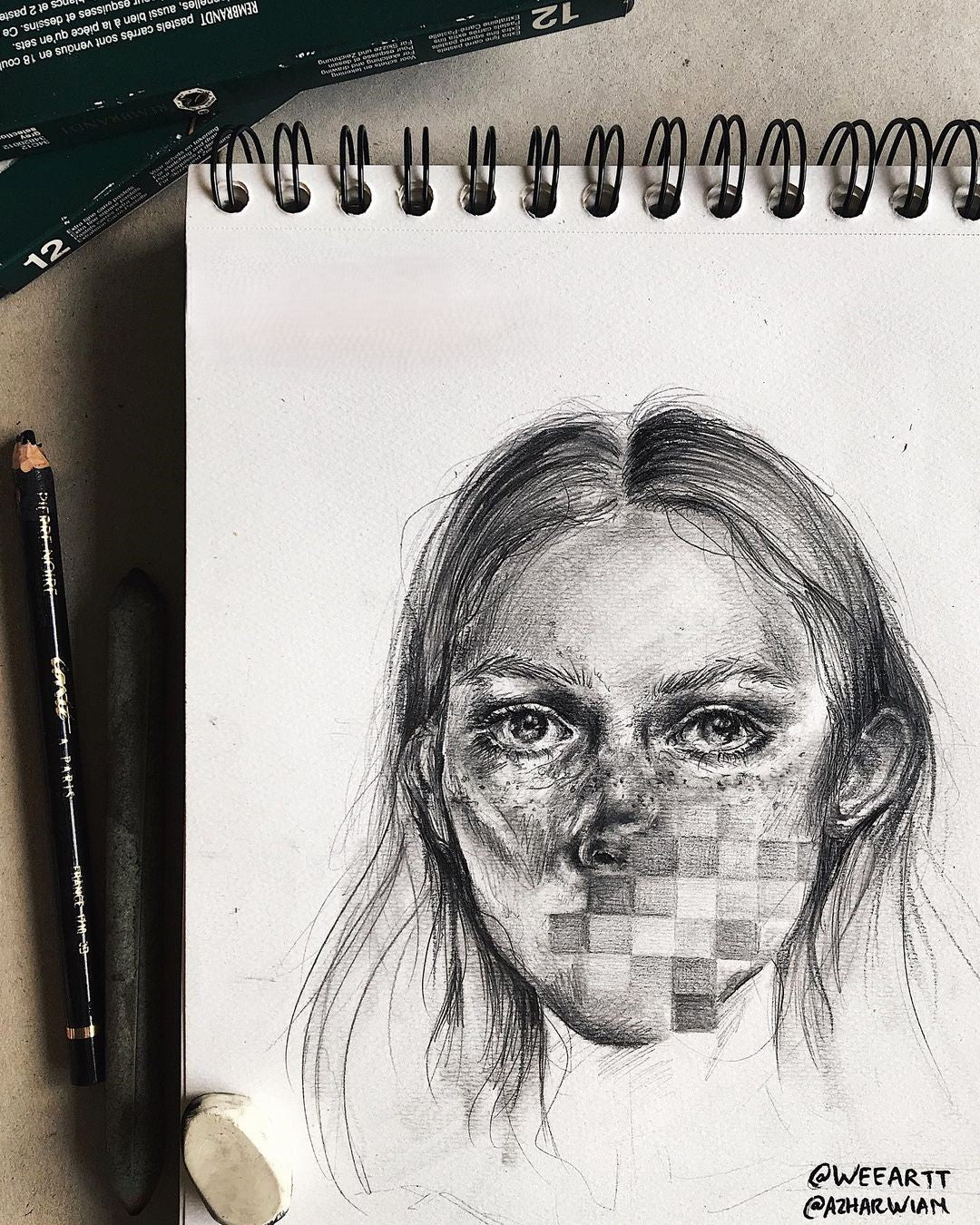 @azharwiam pencil sketch of a girl with the bottom right corner of her face pixelated