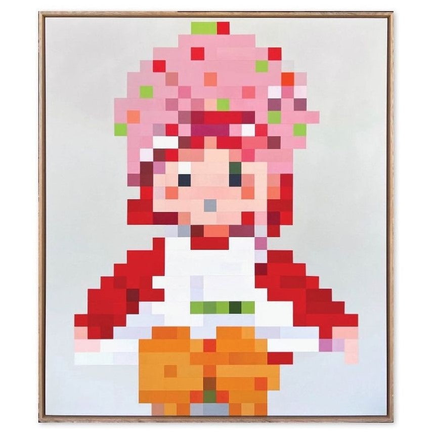 @cameronforsythart pixelated character painting of a strwberry themed girl