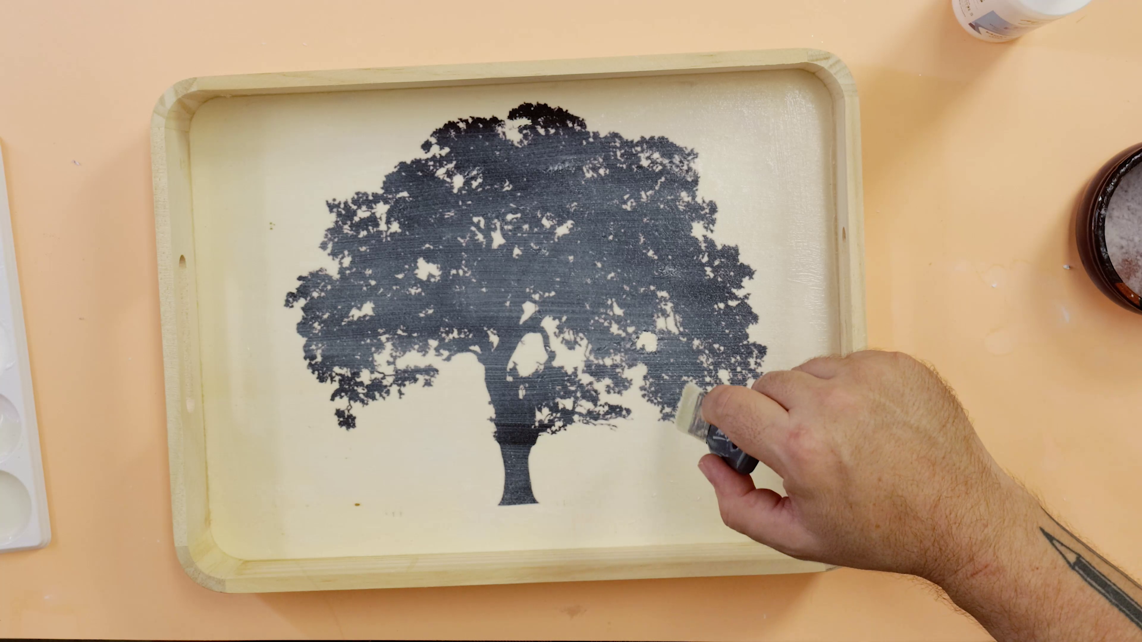 Wooden tray with tree image decoupaged onto the inside