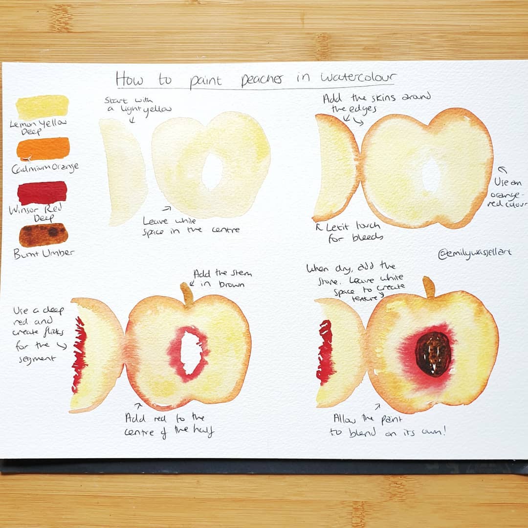 @emilywassellart Watercolour peach painting step-by-step