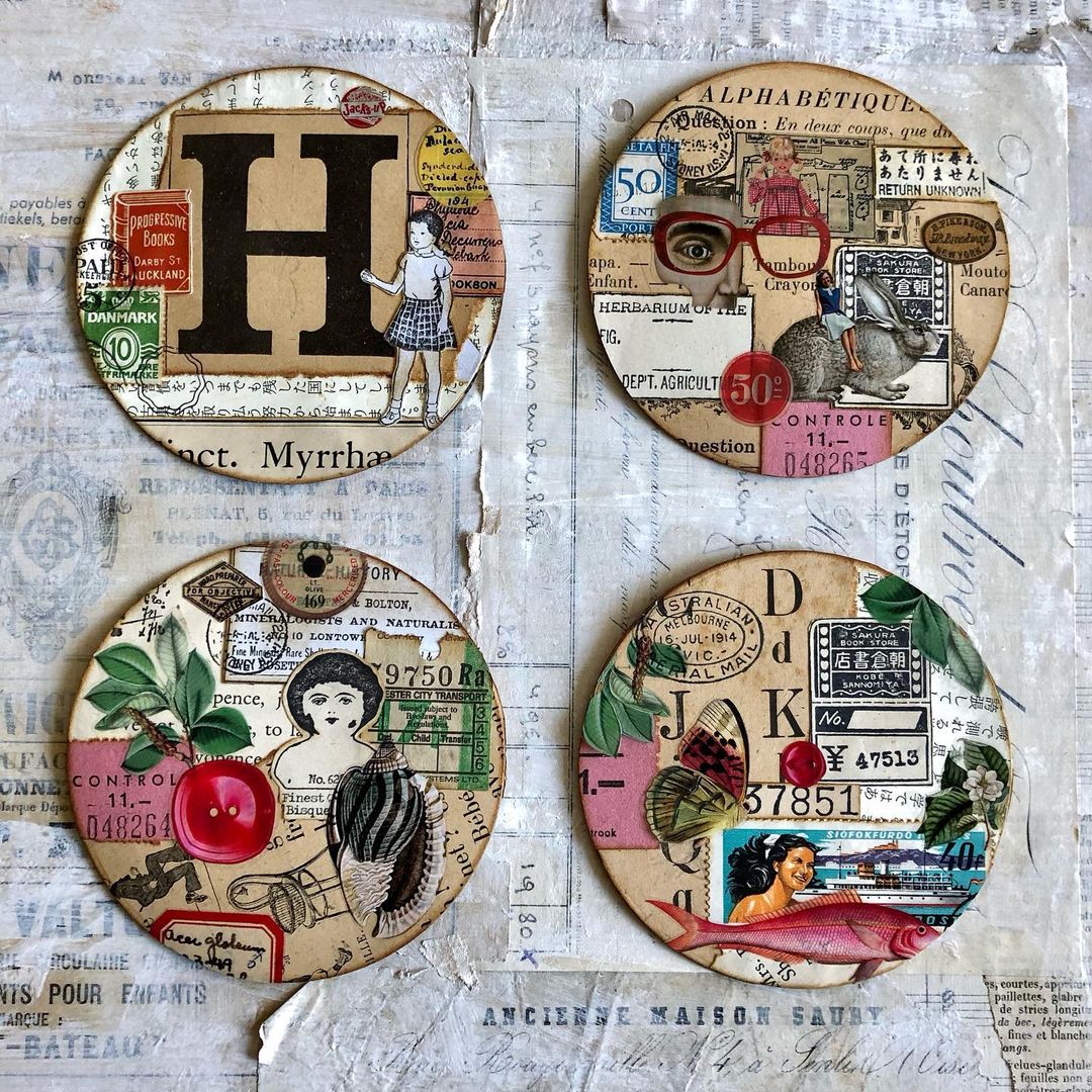 @_paper_and_such_ vintage collage artwork on round surfaces