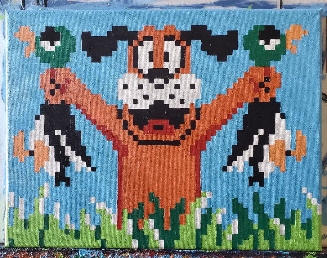 @pixelartpaintings pixel painting on canvas of a dog holding two ducks