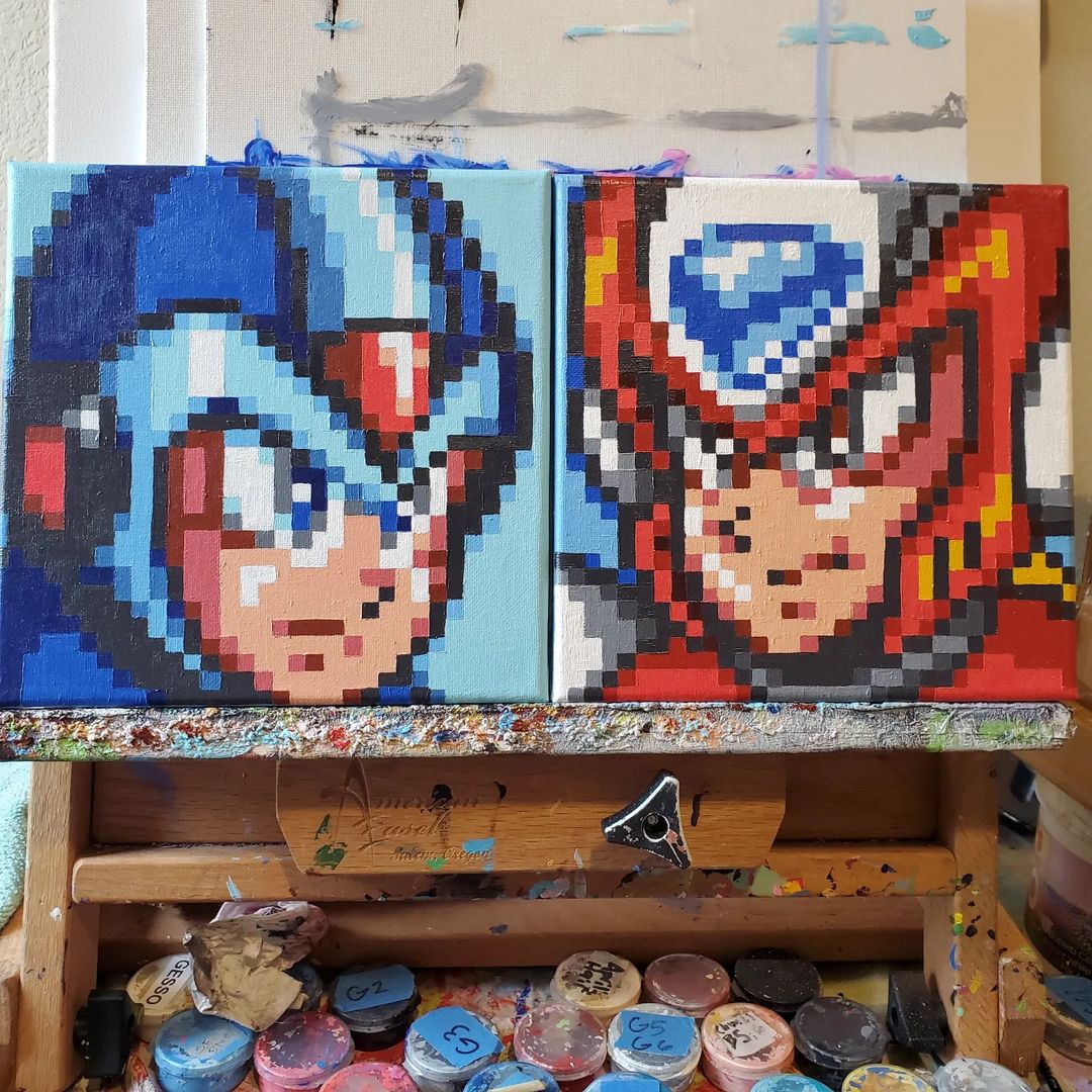 @pixelartpaintings pixel paintings of two video game characters in red and blue suits