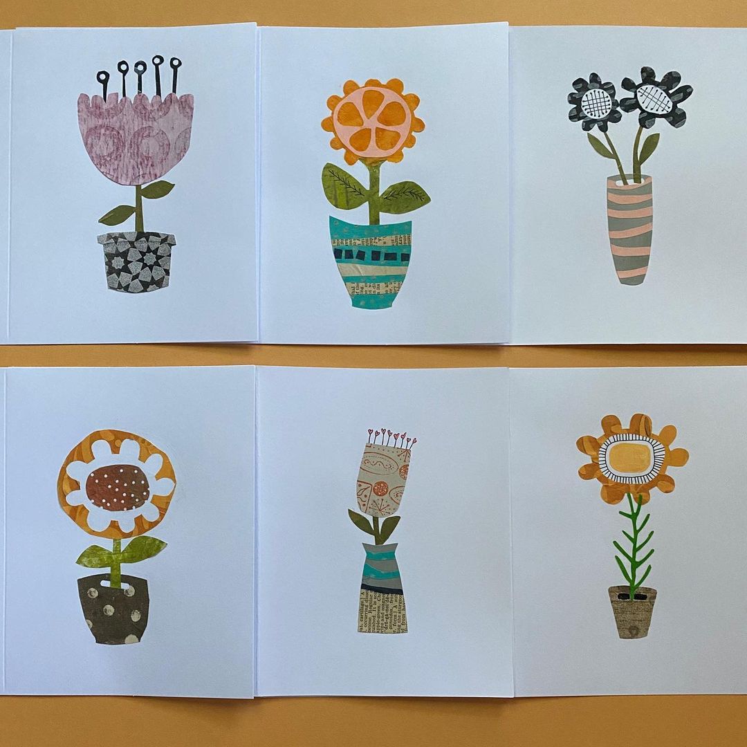 @soozrossiter 6 flower collage artworks on white paper