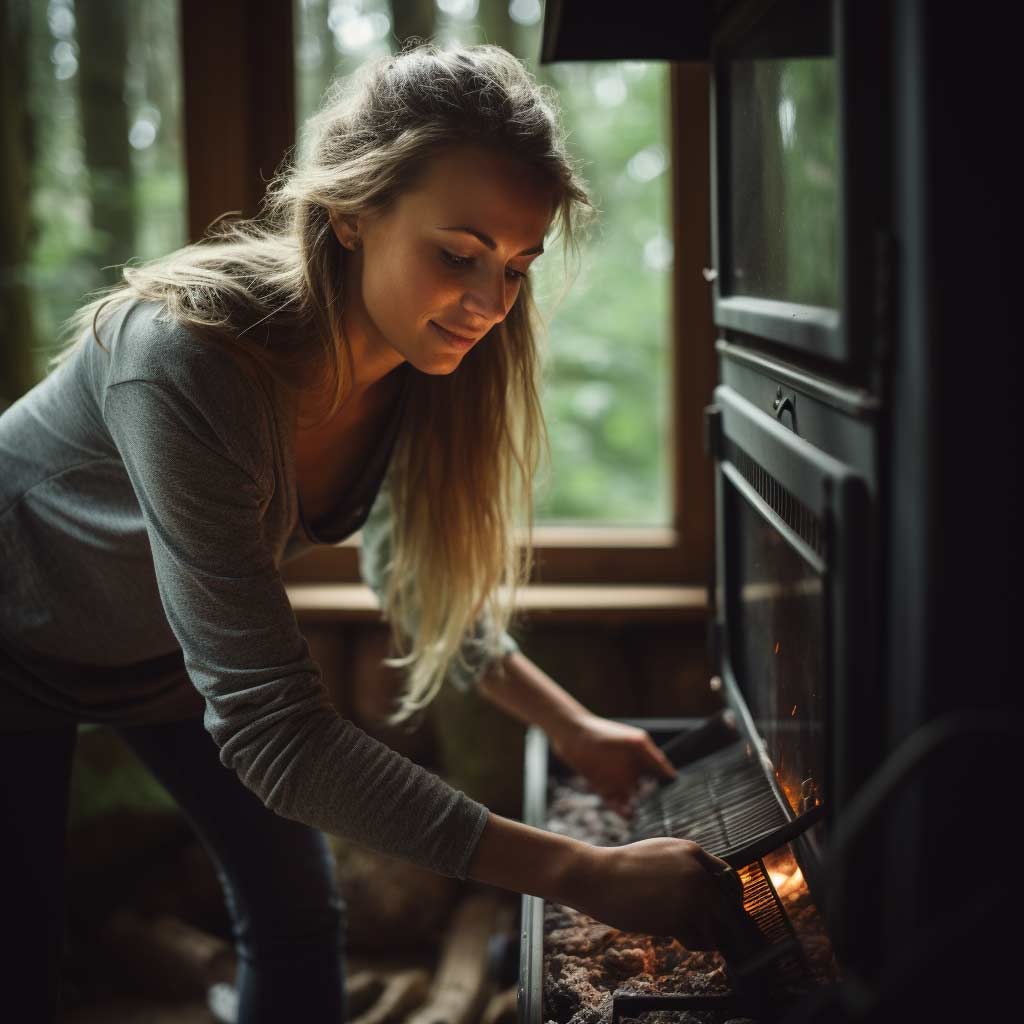 A woman using high quality fireplace glass cleaner on her stove
