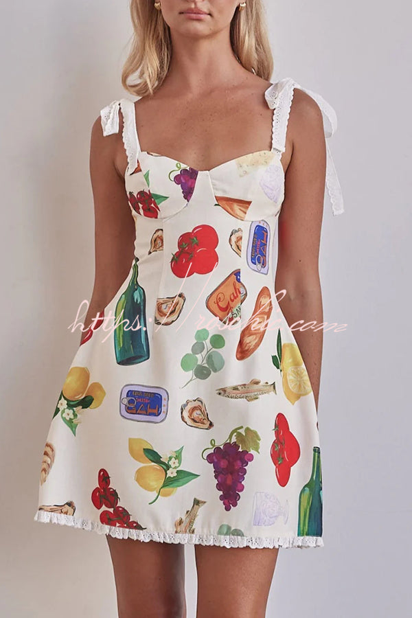 Lisa Linen Blend Unique Print Lace Shoulder Strap Mini Dress