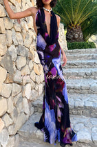 Bold and Sexy Tie-dye Abstract Floral Halter Drape Neck Backless Maxi Dress Nav Image 1