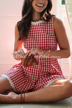 Plaid Print Sleeveless Pleated Waist Casual Rompers Nav Image 9