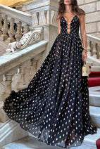 Charming View Chiffon Gold Polka Dot Print Cutout Lightweight Maxi Dress Nav Image 9